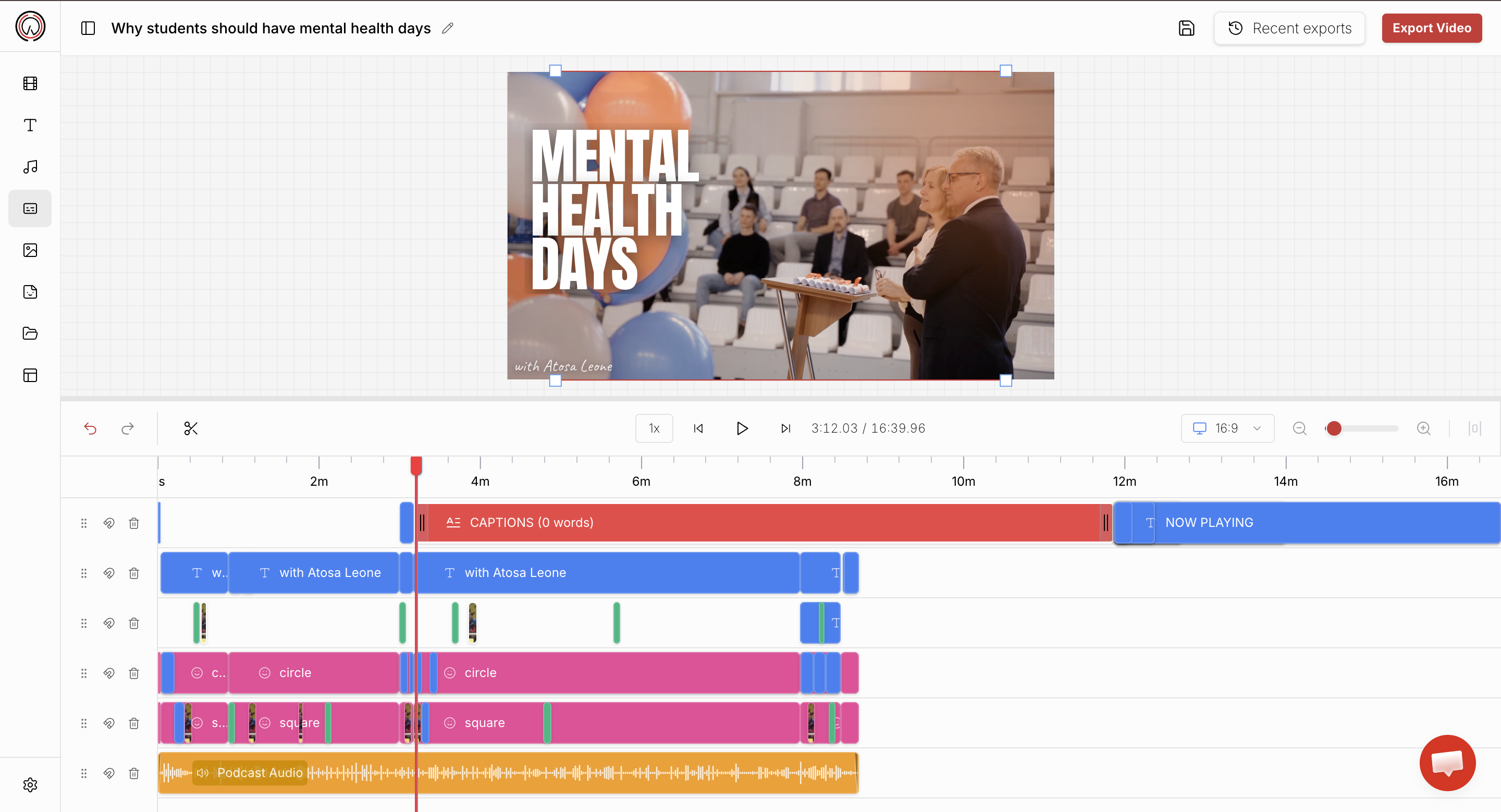 Podeo.ai editor — Mental Health Days episode timeline with captions, motion graphics and B-roll layers
