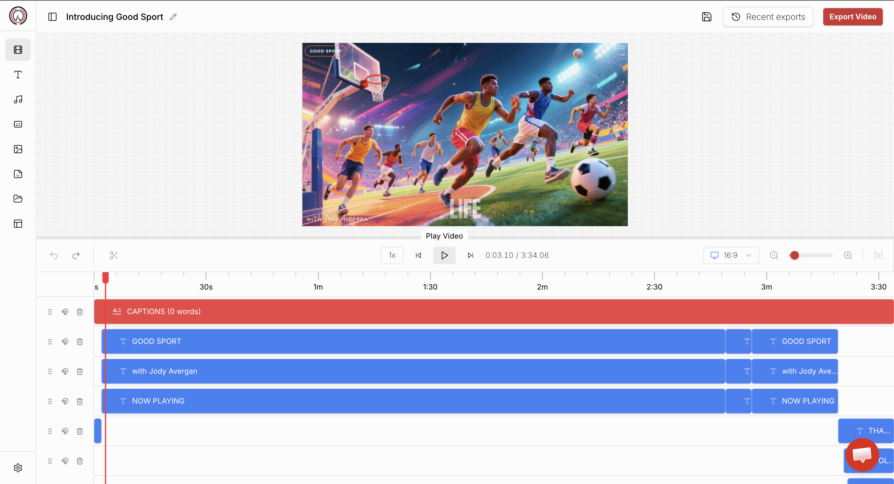 Podeo.ai editor — Good Sport episode with full timeline and speaker frames